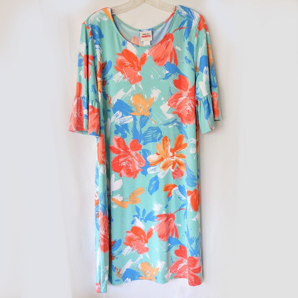 SALE Ruby Rd Favorites Large L Floral Sheath Dress Ruffle Sleeves Stretch Aqua
